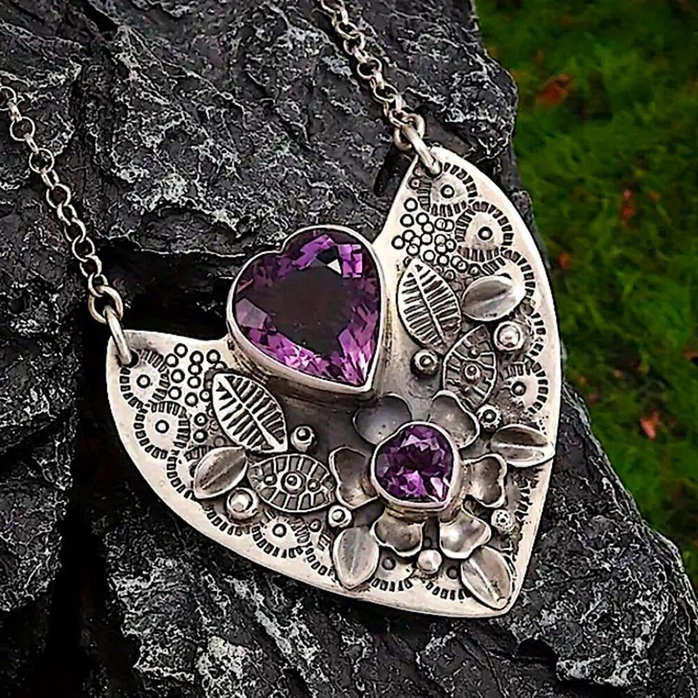 Stainless Steel Heart Shaped Amethyst Stone Necklace